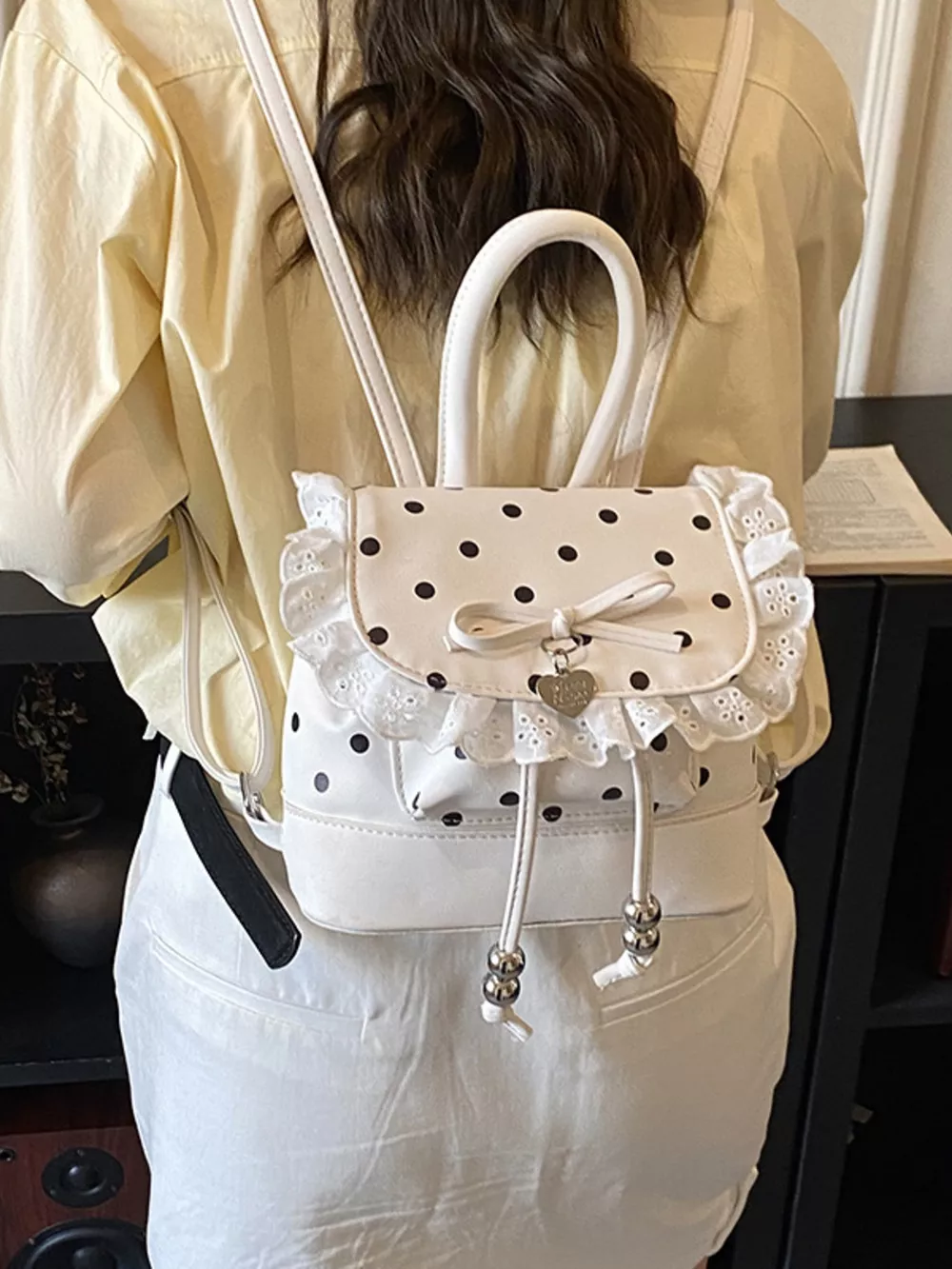 Polka Dot Lace Trim Backpack Bag, image 4