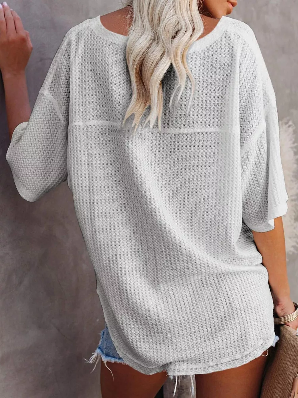 Waffle Knit V-Neck Short Sleeve T-Shirt, image 9