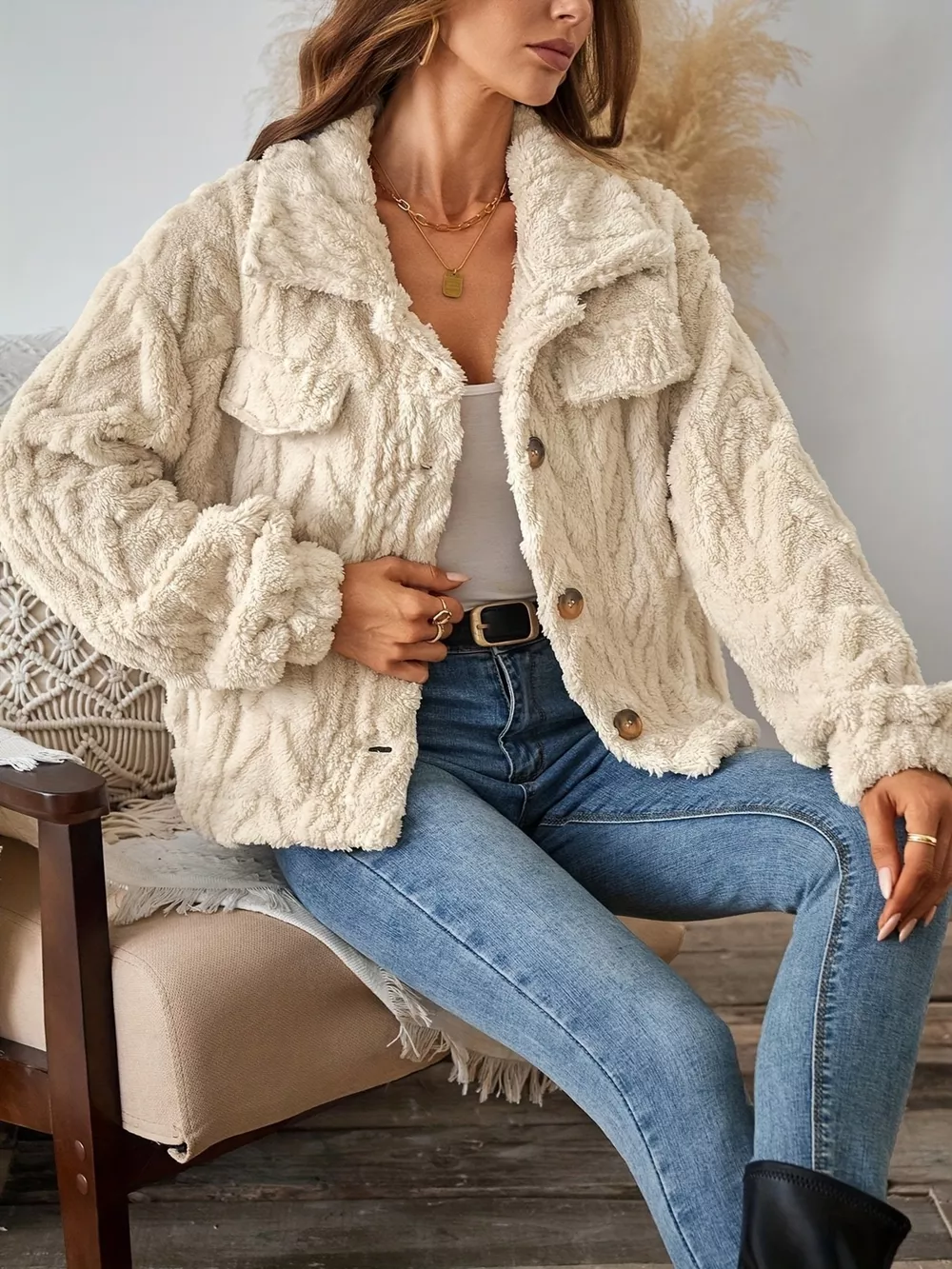 Cozy Textured Fleece Button-Up Outerwear, image 2