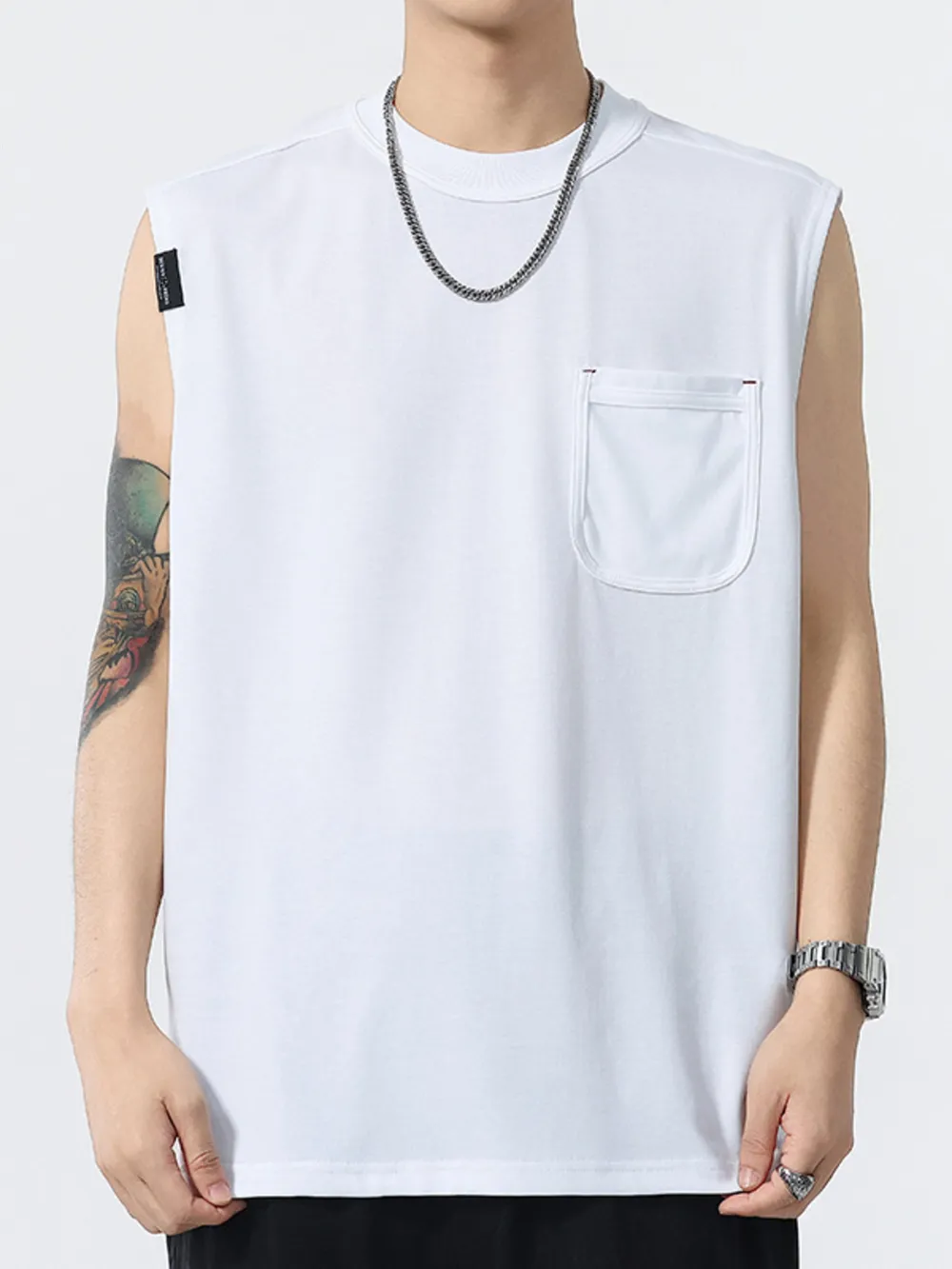 Men's Plus Size Round Neck Tank with Chest Pocket, image 2