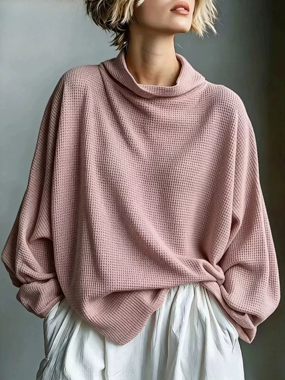 Full Size Oversized Waffle Knit Mock Neck T-Shirt Plus Size, image 5