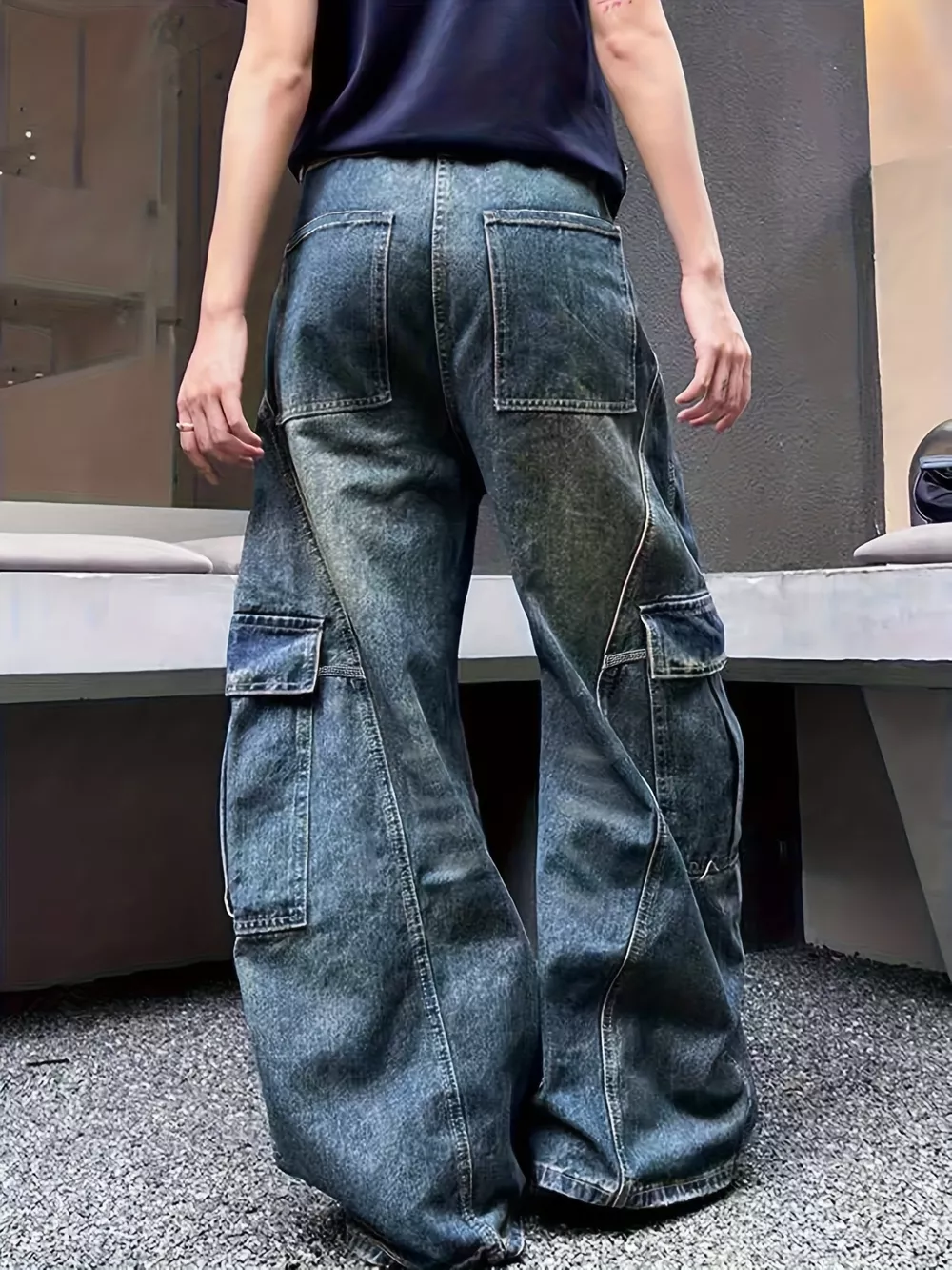 Vintage Wash Wide Leg Cargo Jeans, image 5