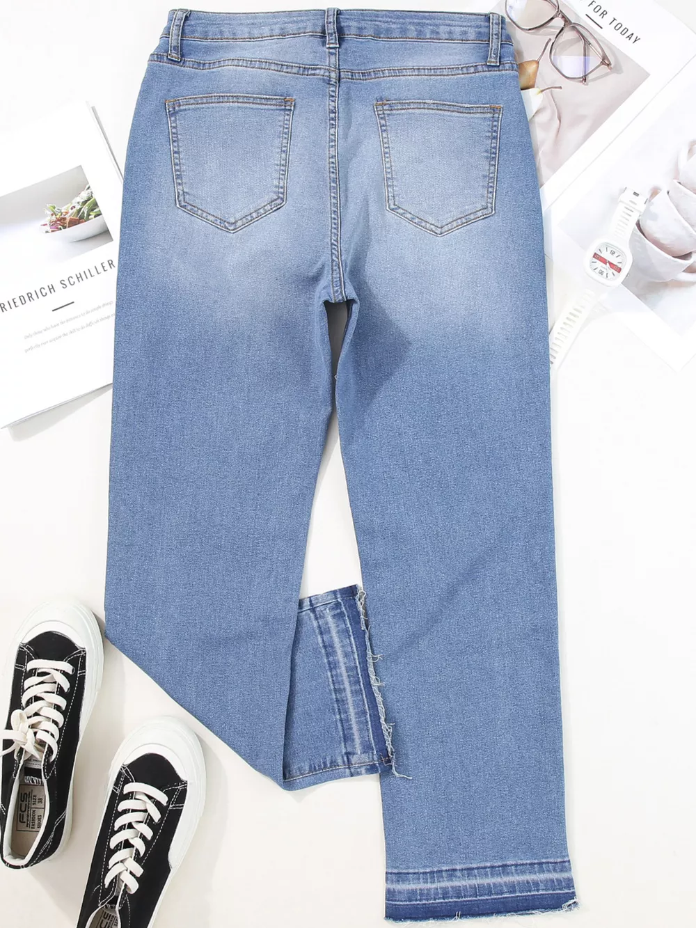 Whiskered Wash Raw Hem Cropped Jeans, image 6