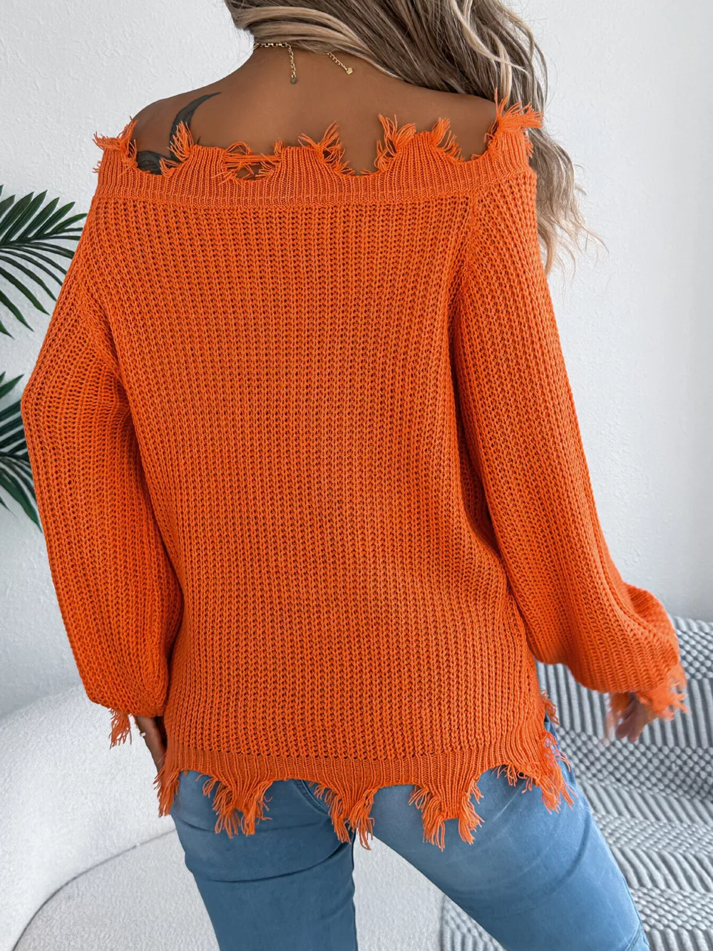 Distressed Hem Openwork Off-Shoulder Sweater, image 4
