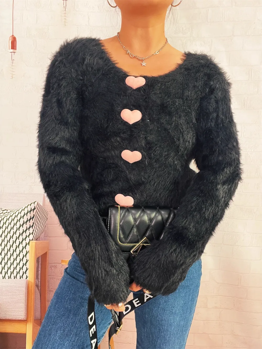 Fuzzy Heart Shape Button-Up Cardigan, image 7