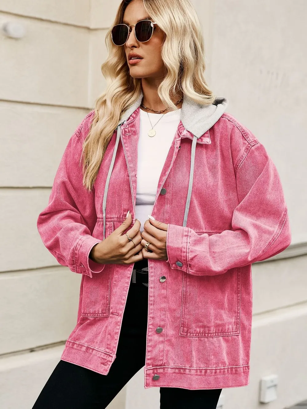 Oversized Button Up Denim Jacket with Hood, image 8