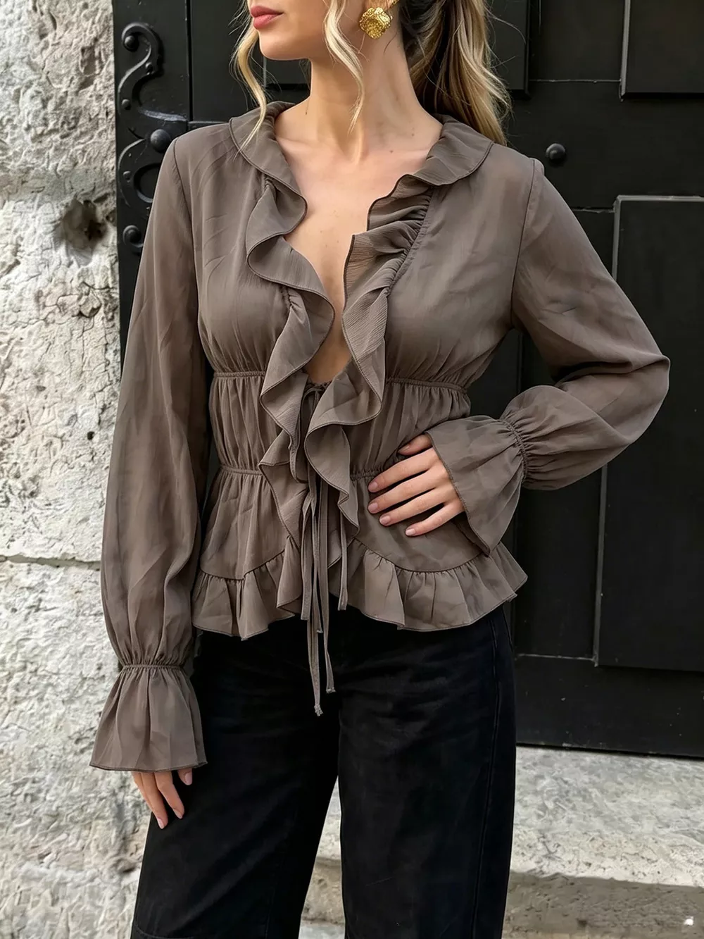 Ruffled V-Neck Long Sleeve Blouse, image 2