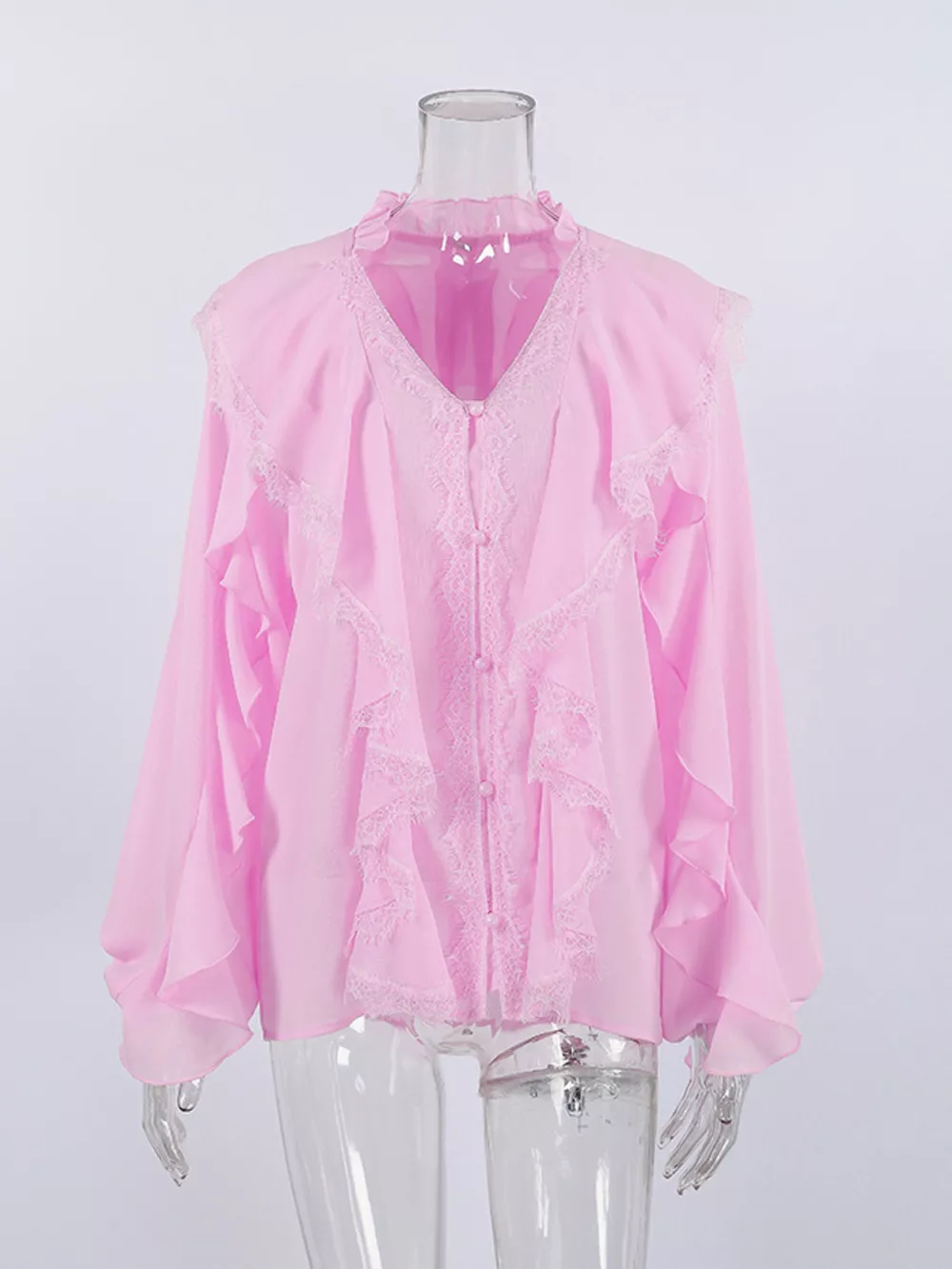 V-Neck Ruffled Lace Trim Blouse, image 15