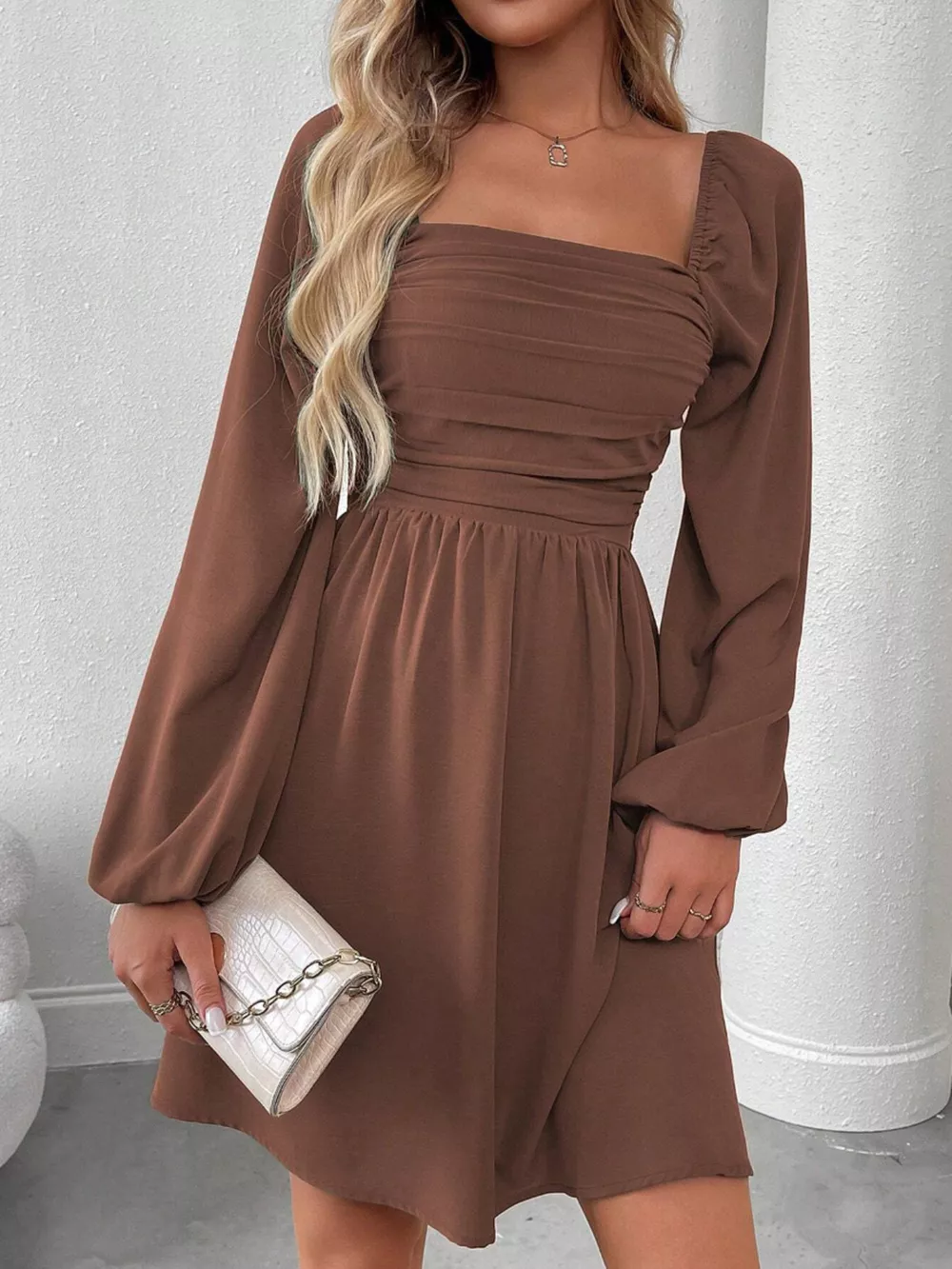 Ruched Square Neck Long Sleeve A-Line Dress, image 9