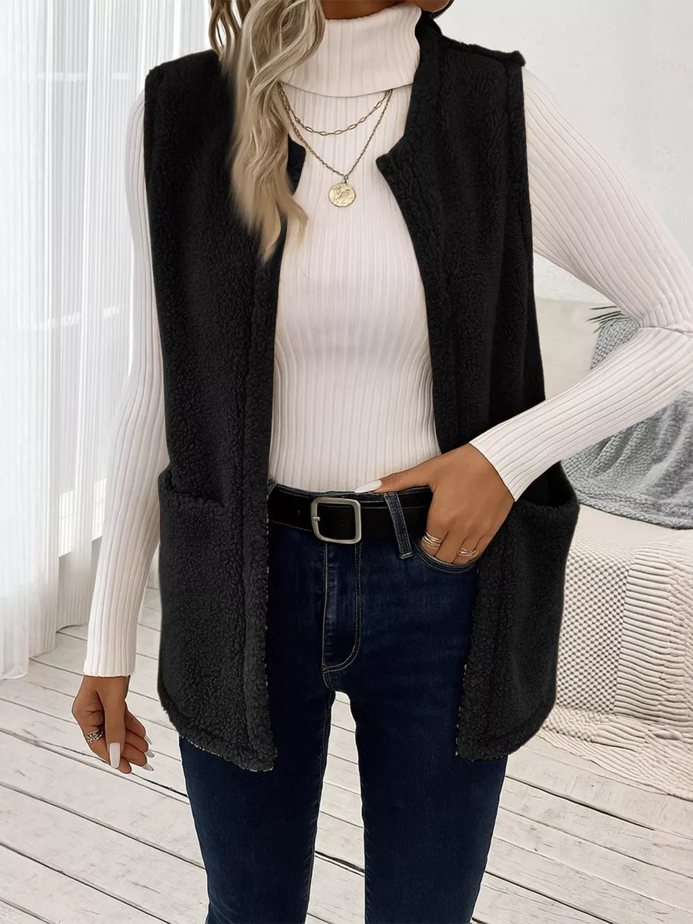 Sleeveless Fuzzy Fleece Vest Coat
