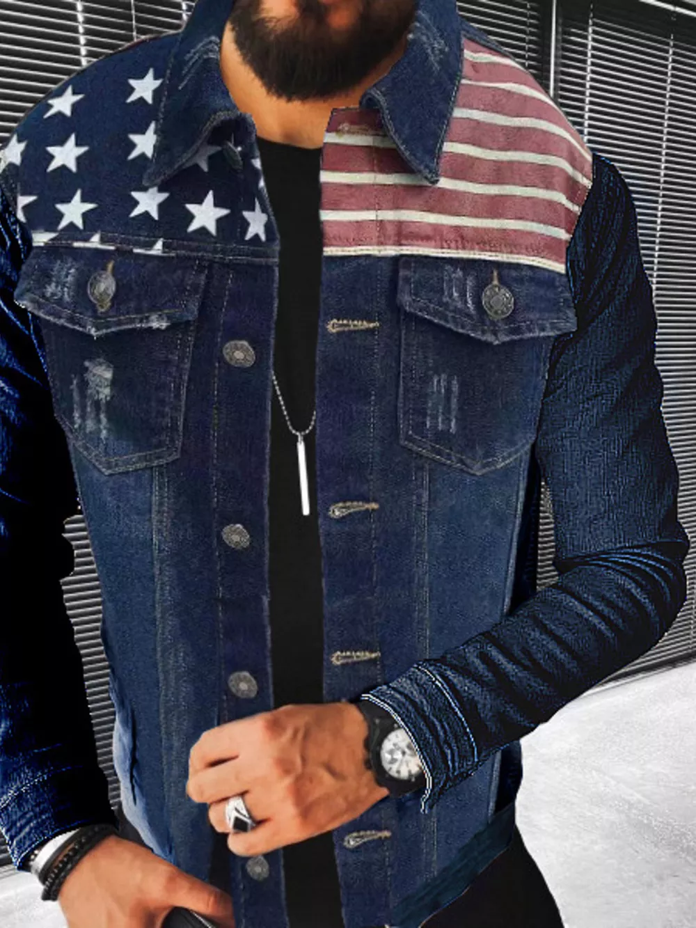 Men's Plus Size Distressed Button Up Denim Jacket, image 2