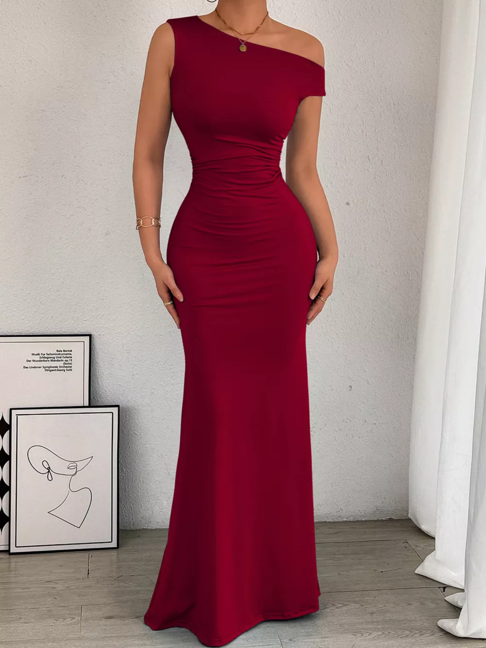 One-Shoulder Ruched Bodycon Maxi Dress, image 10