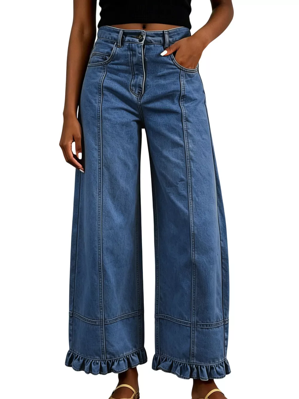 Full Size High-Waisted Wide-Leg Ruffled Hem Jeans Plus Size, image 8