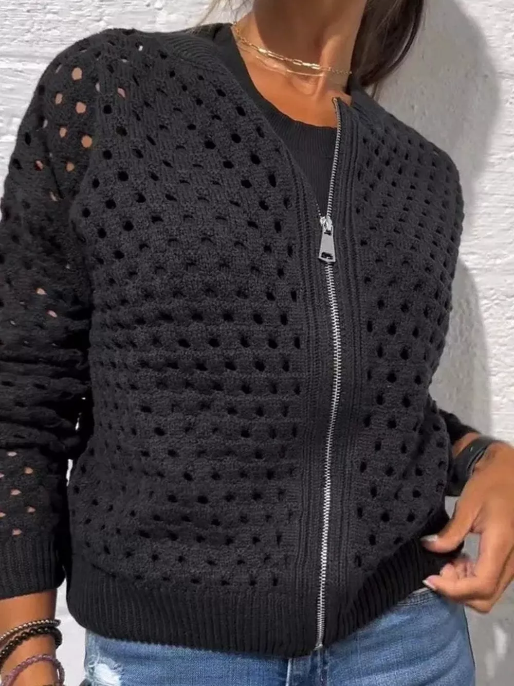 Full Size Zip Up Long Sleeve Cardigan with Eyelet Detail Plus Size, image 18