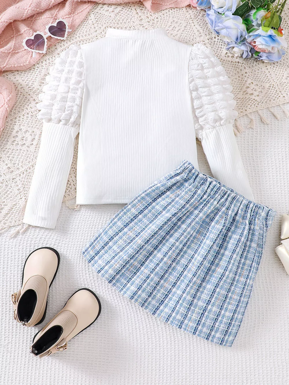 Children's Puff Sleeves Top and Plaid Skirt Set, image 3
