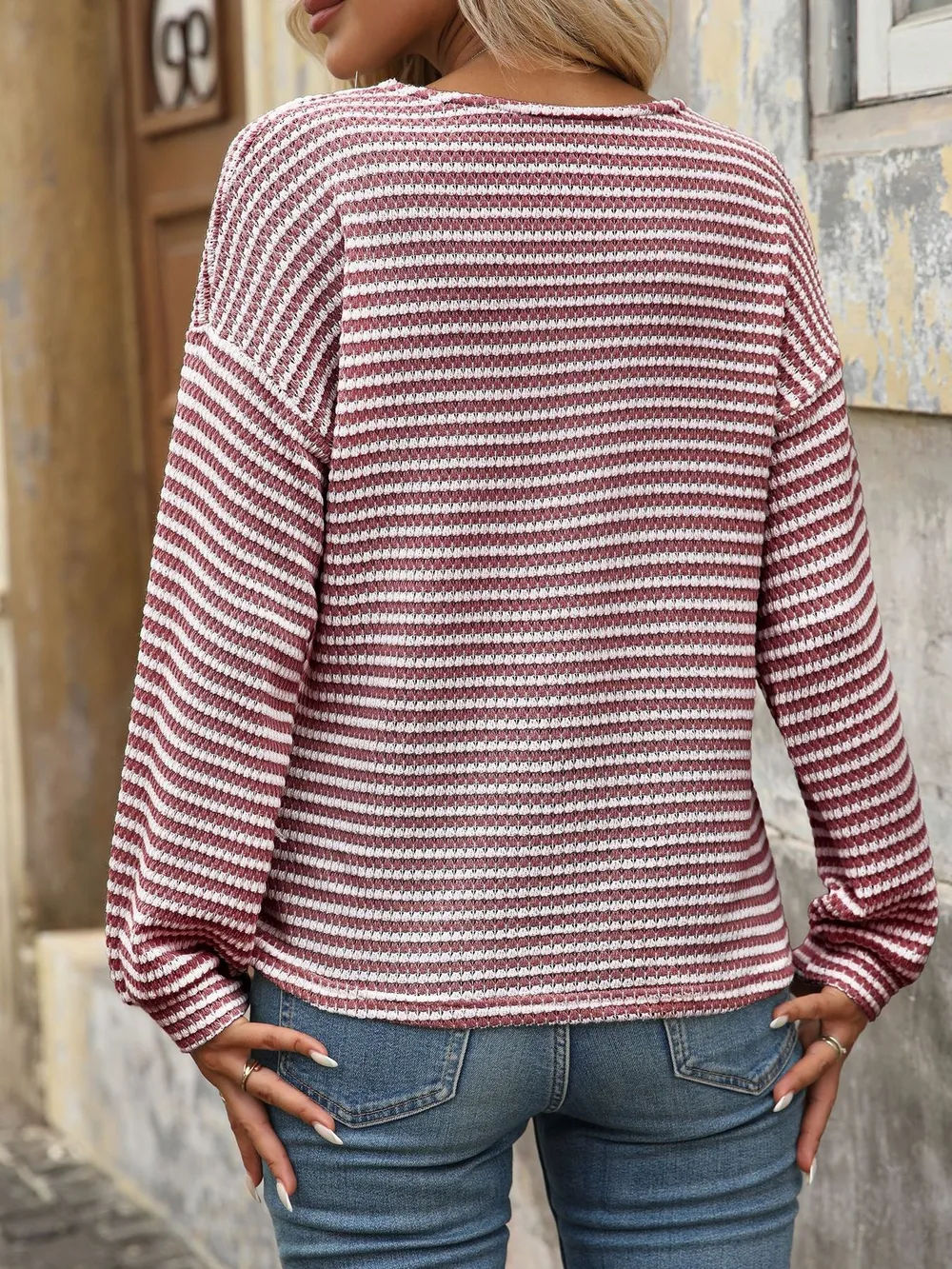 Striped V-Neck Button Front Casual Top, image 20