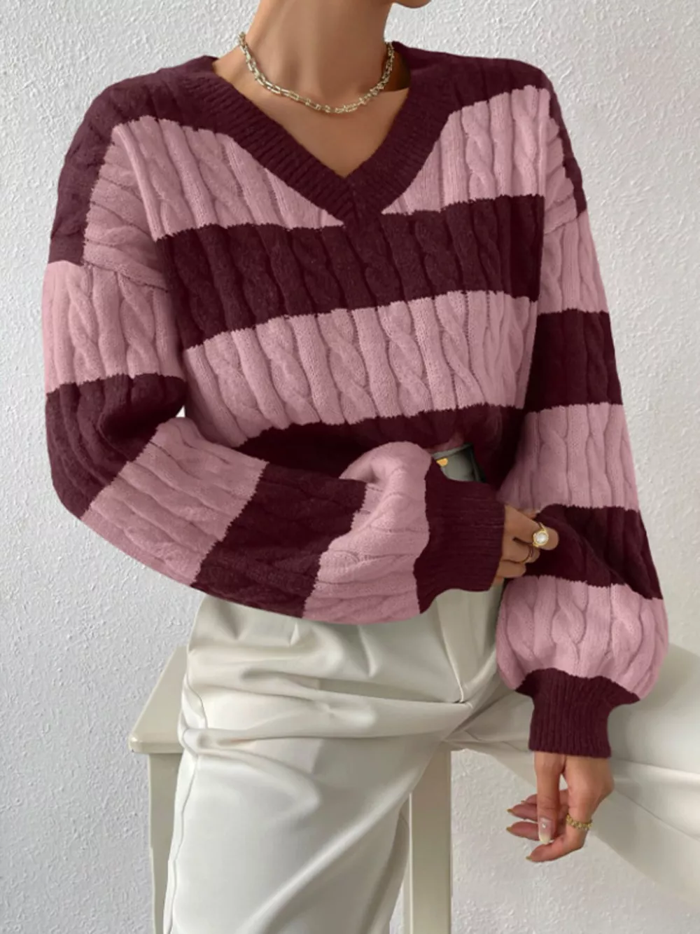 V-Neck Striped Cable Knit Sweater, image 6
