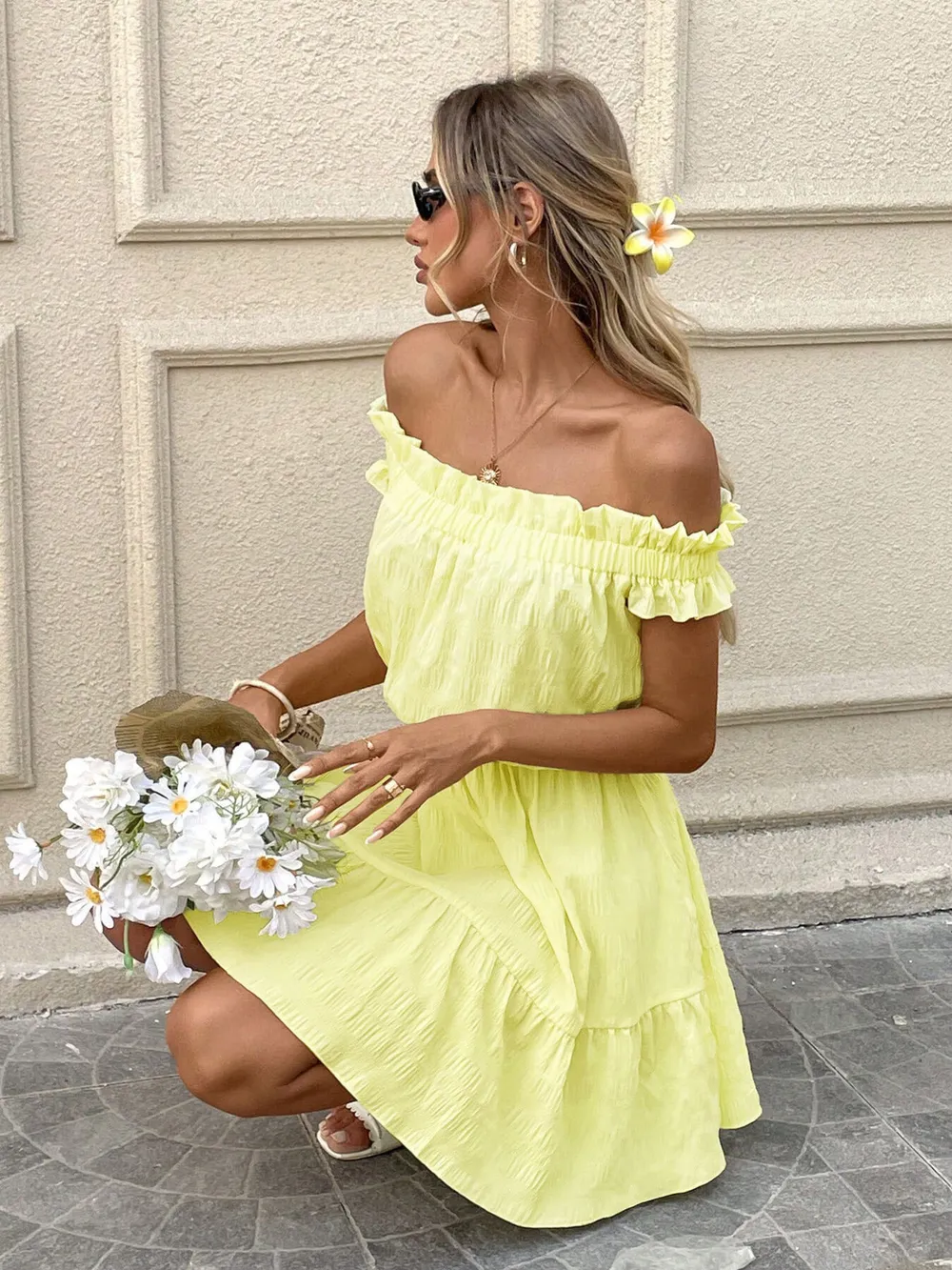 Off-Shoulder Ruffle Hem Summer Dress, image 2