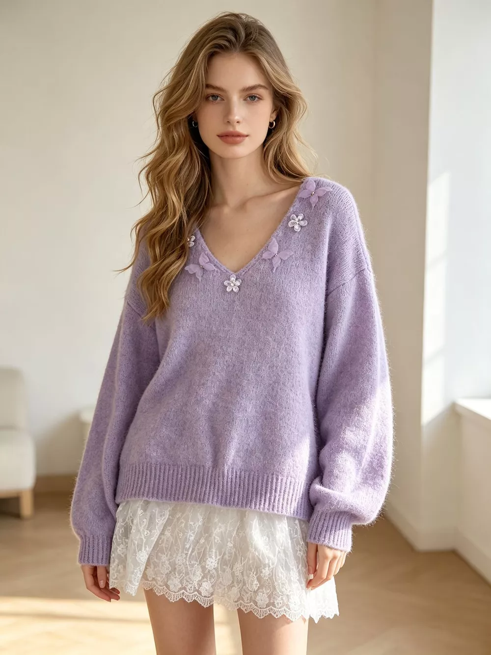 V-Neck Floral Applique Lace Hem Sweater, image 15