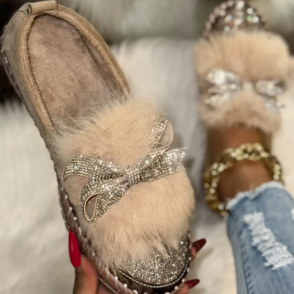 Fuzzy Bowknot Rhinestone Platform Loafers, image 7