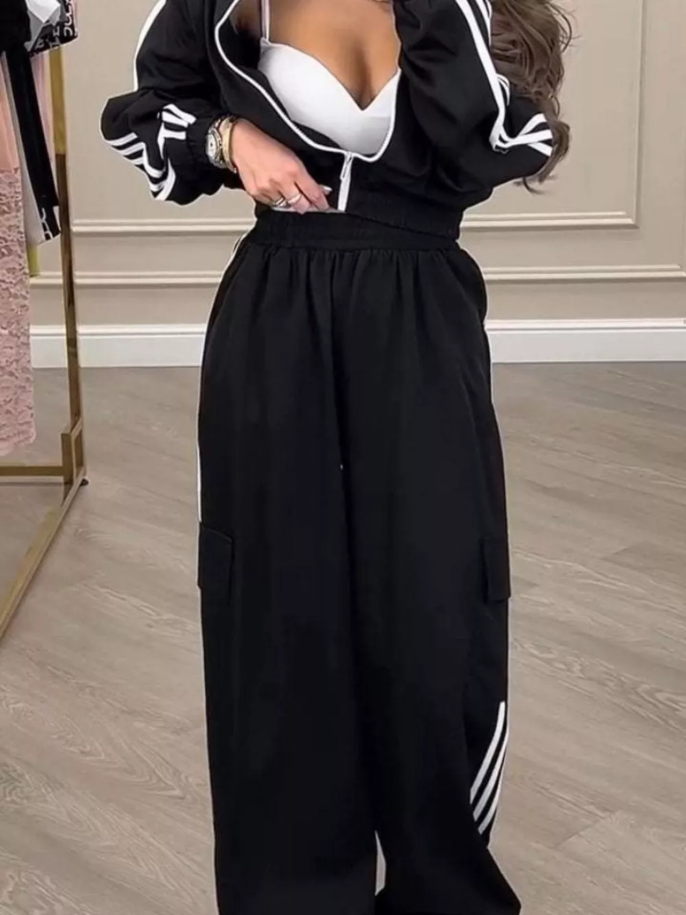 Full Size Side Striped Zip Up Outerwear and Pants Set Plus Size, image 5