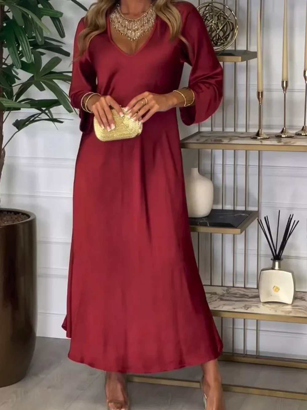 Full Size V-Neck Long Sleeve Midi Dress Plus Size, image 11