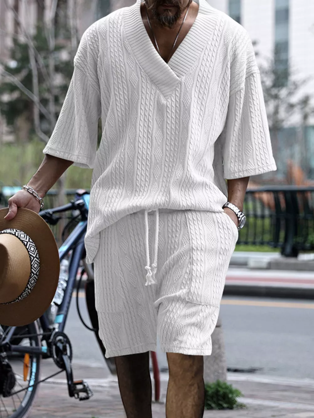 Men's Full Size Casual Knit V-Neck Short Sleeve Top and Shorts Set Plus Size, image 17
