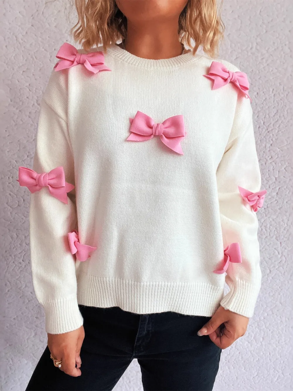 Bow Round Neck Long Sleeve Sweater, image 3