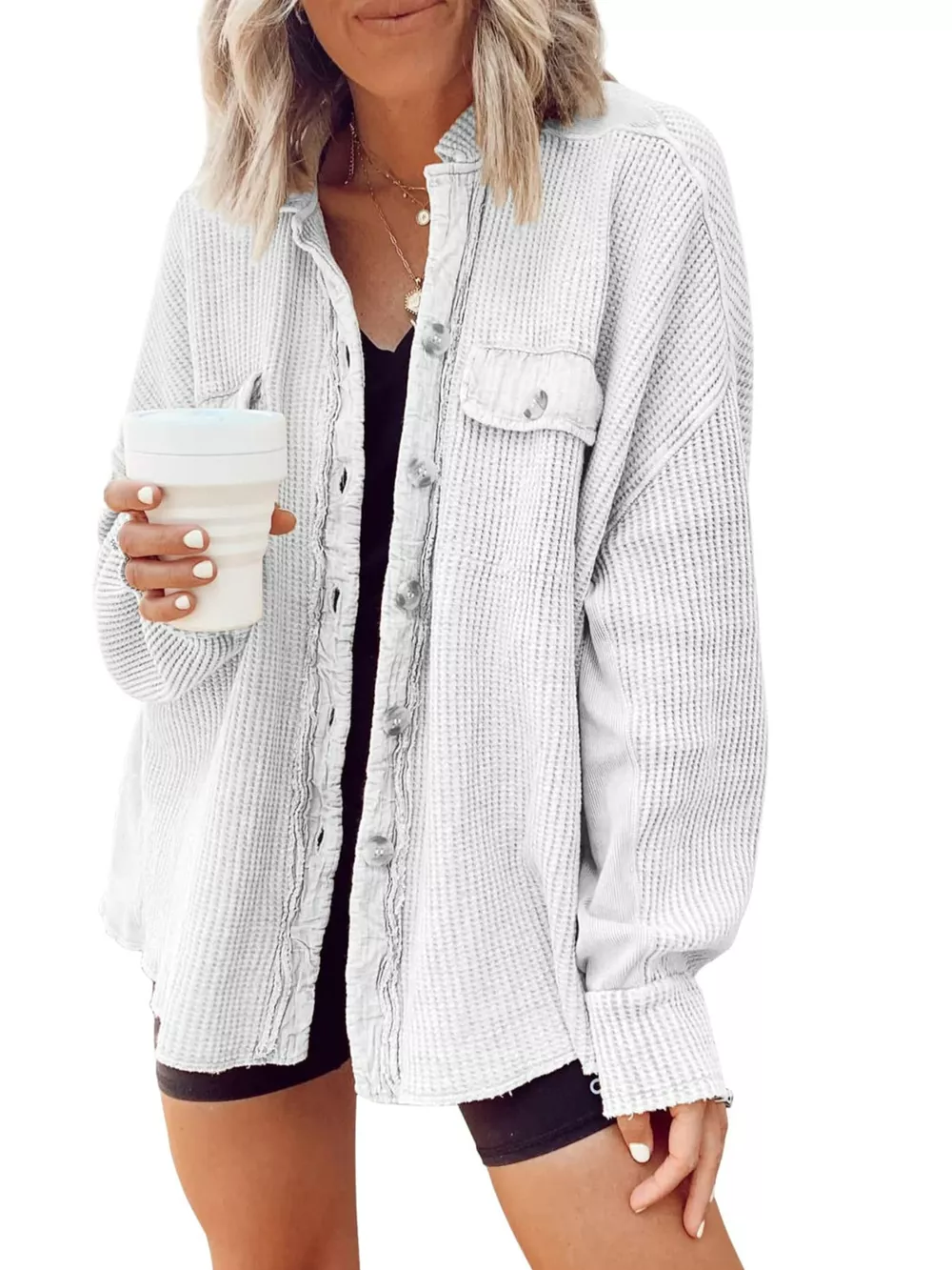 Oversized Waffle Knit Button-Up Jacket, image 11