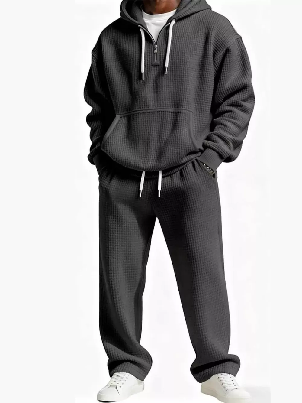 Men's Full Size Casual Waffle Knit Hoodie and Pants Set Plus Size, image 4