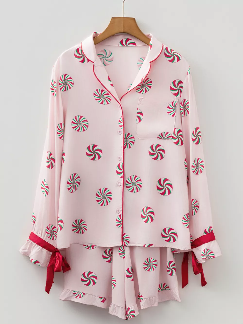 Christmas Candy Contrast Trim Bow Knot Top and Shorts 2pcs Pajama Set, image 2