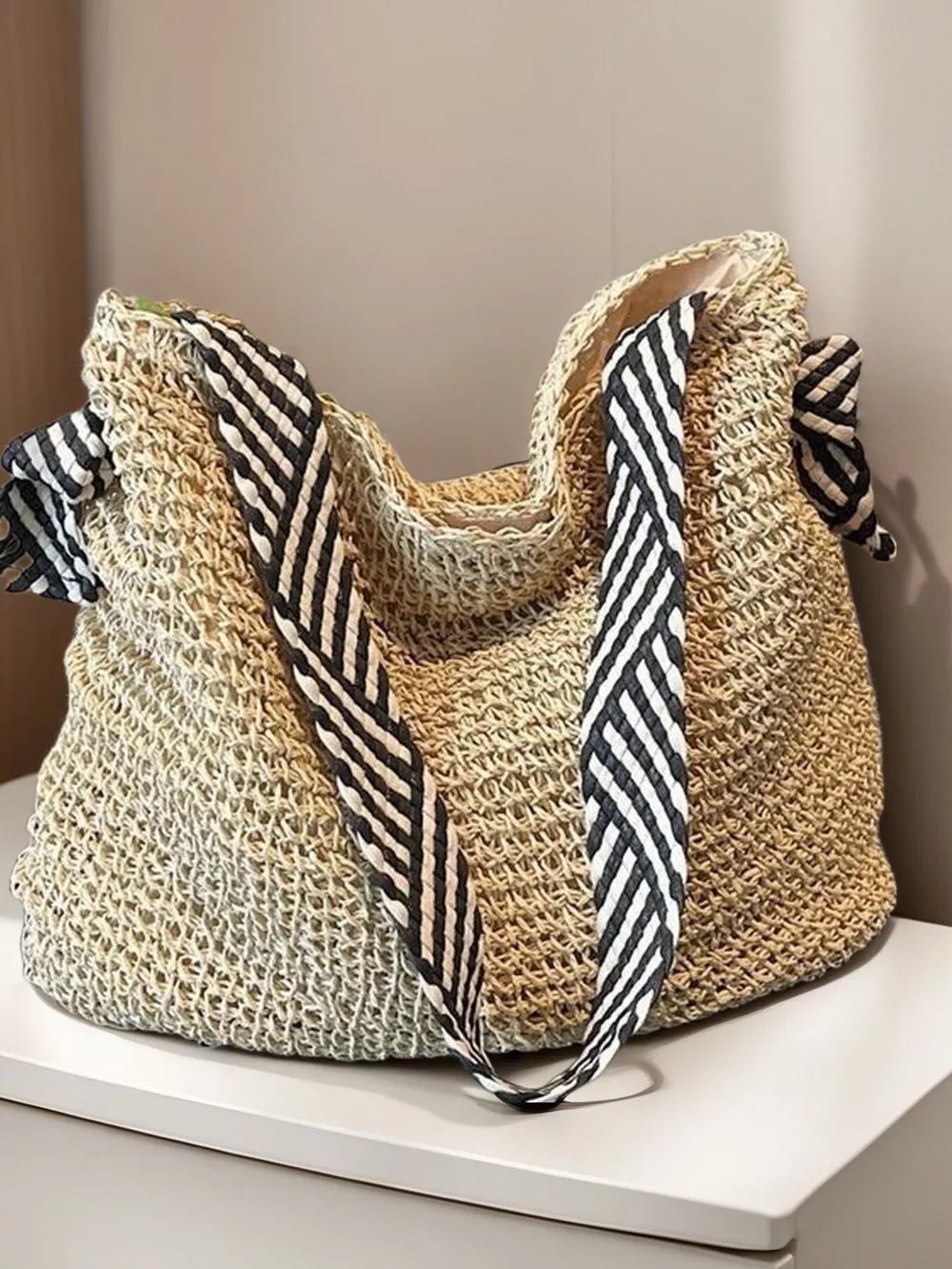 Woven Straw Shoulder Bag with Striped Handles, image 3
