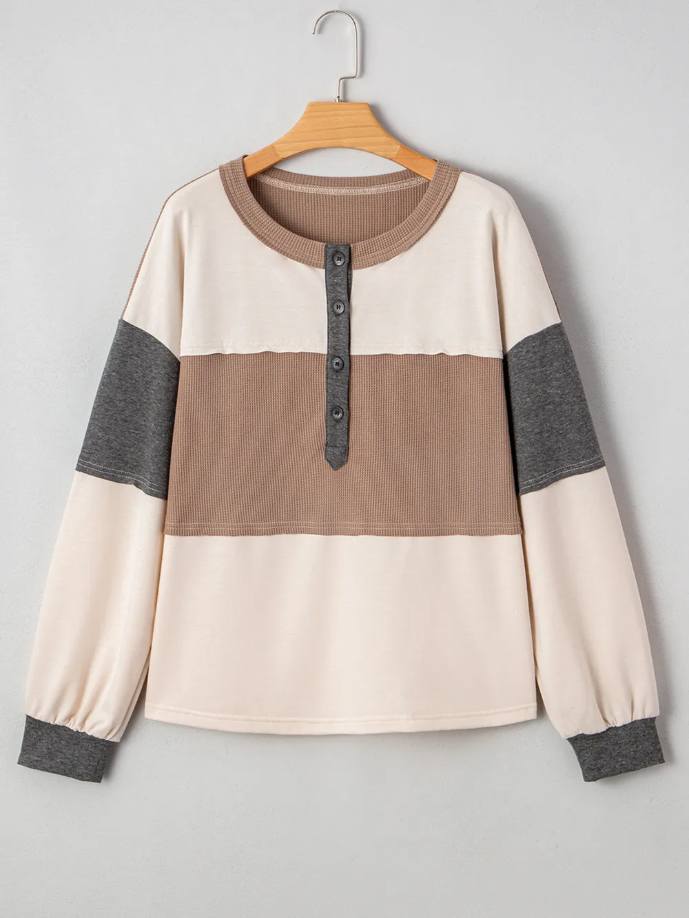 Color Block Waffled Loose Henley Top, image 4