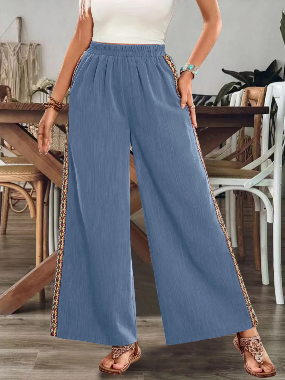 Bohemian Wide Leg Embroidered Side Stripe Pants, image 5
