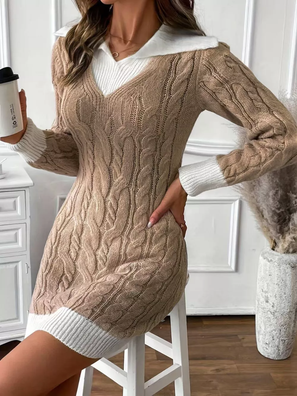 Cable Knit Contrast Trim Sweater Dress, image 3