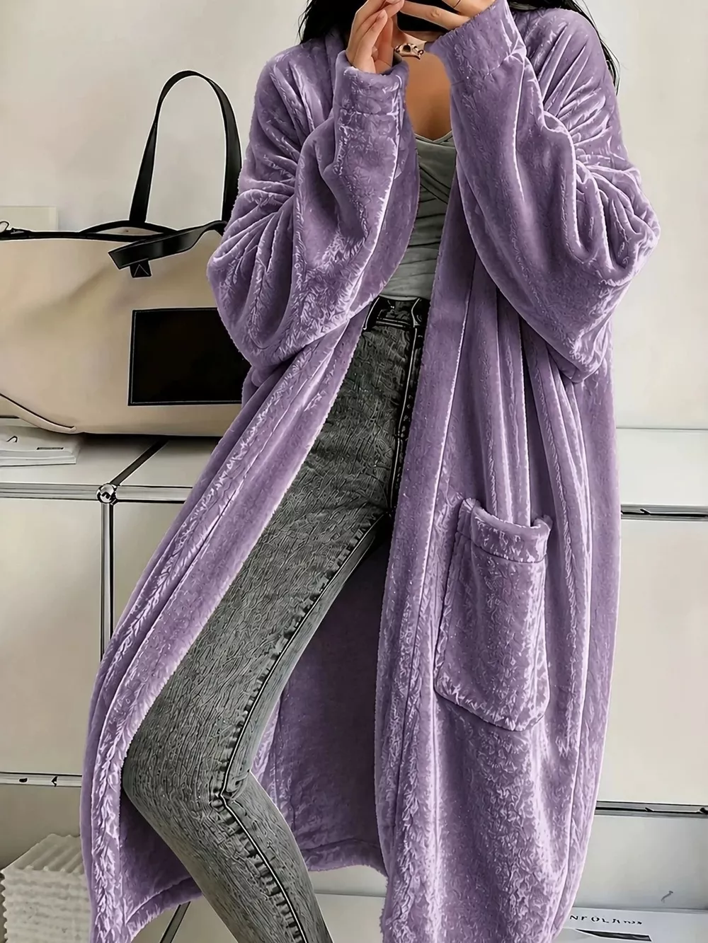 Full Size Velvet Open-Front Longline Outerwear Plus Size, image 2
