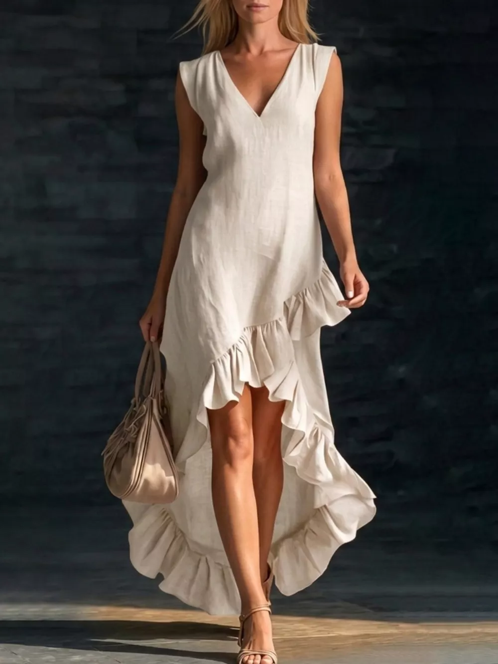 Full Size V-Neck Ruffle Hem High-Low Dress Plus Size, image 5