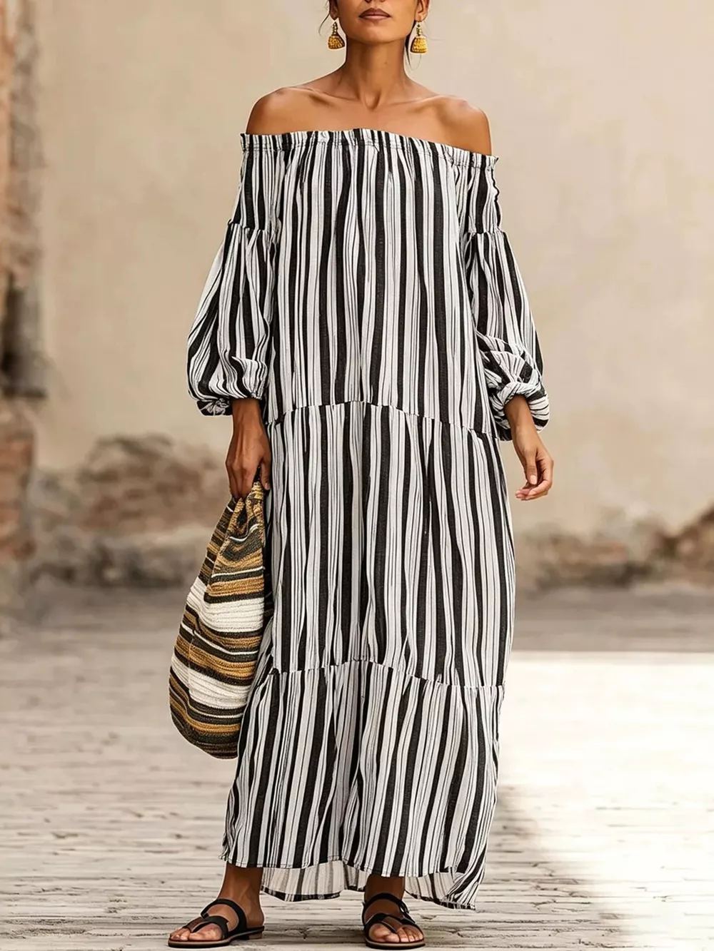 Off-Shoulder Striped Maxi Dress, image 4