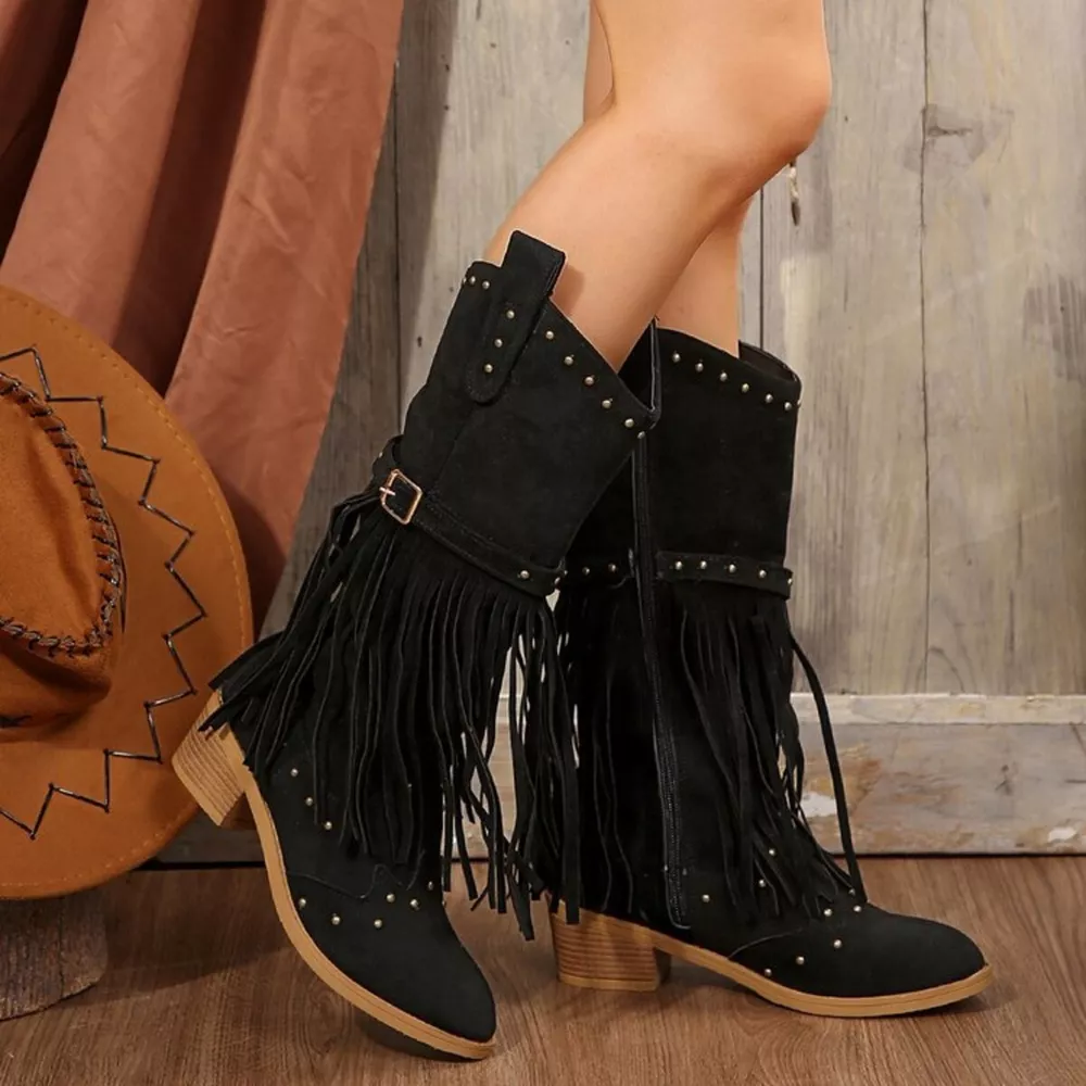 Fringe Point Toe Block Heels Boots, image 7