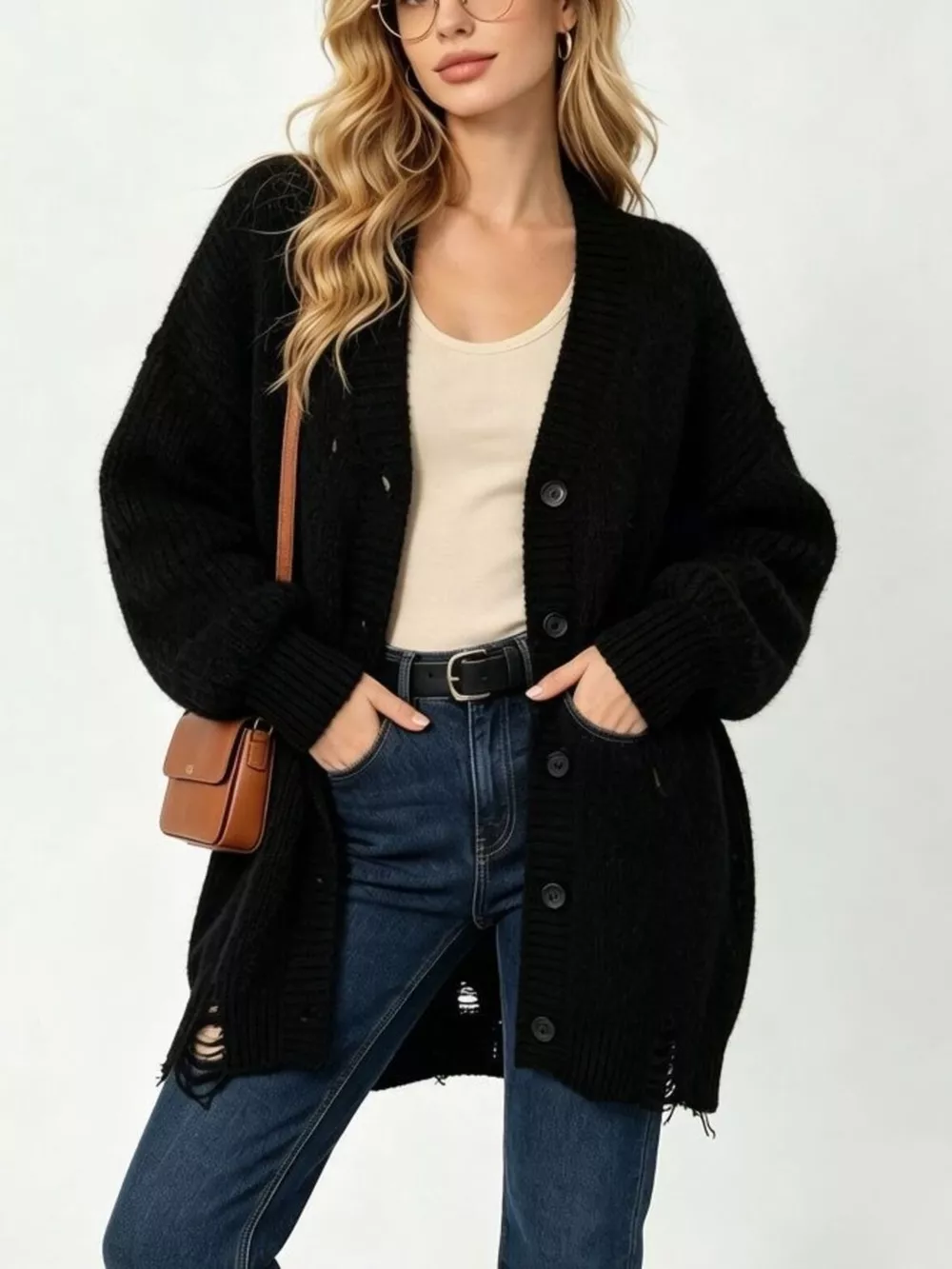 Full Size Distressed Oversized V-Neck Button-Down Cardigan Plus Size, image 3