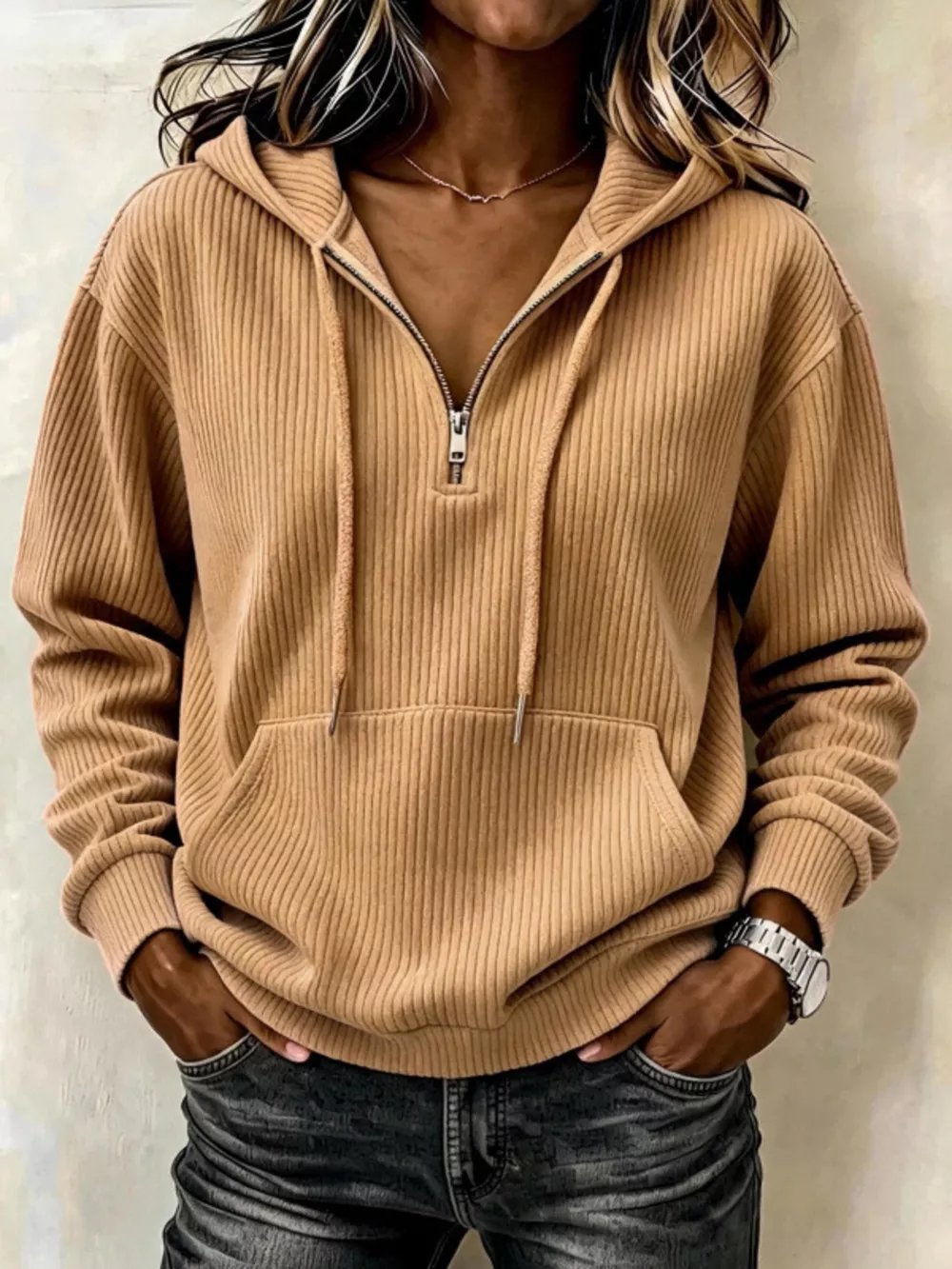 Ribbed Knit Quarter-Zip Hoodie, image 13