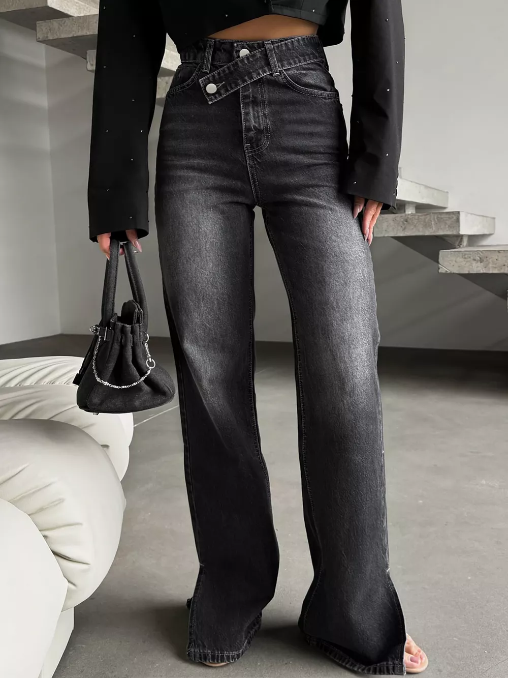 High-Waisted Slit Hem Jeans