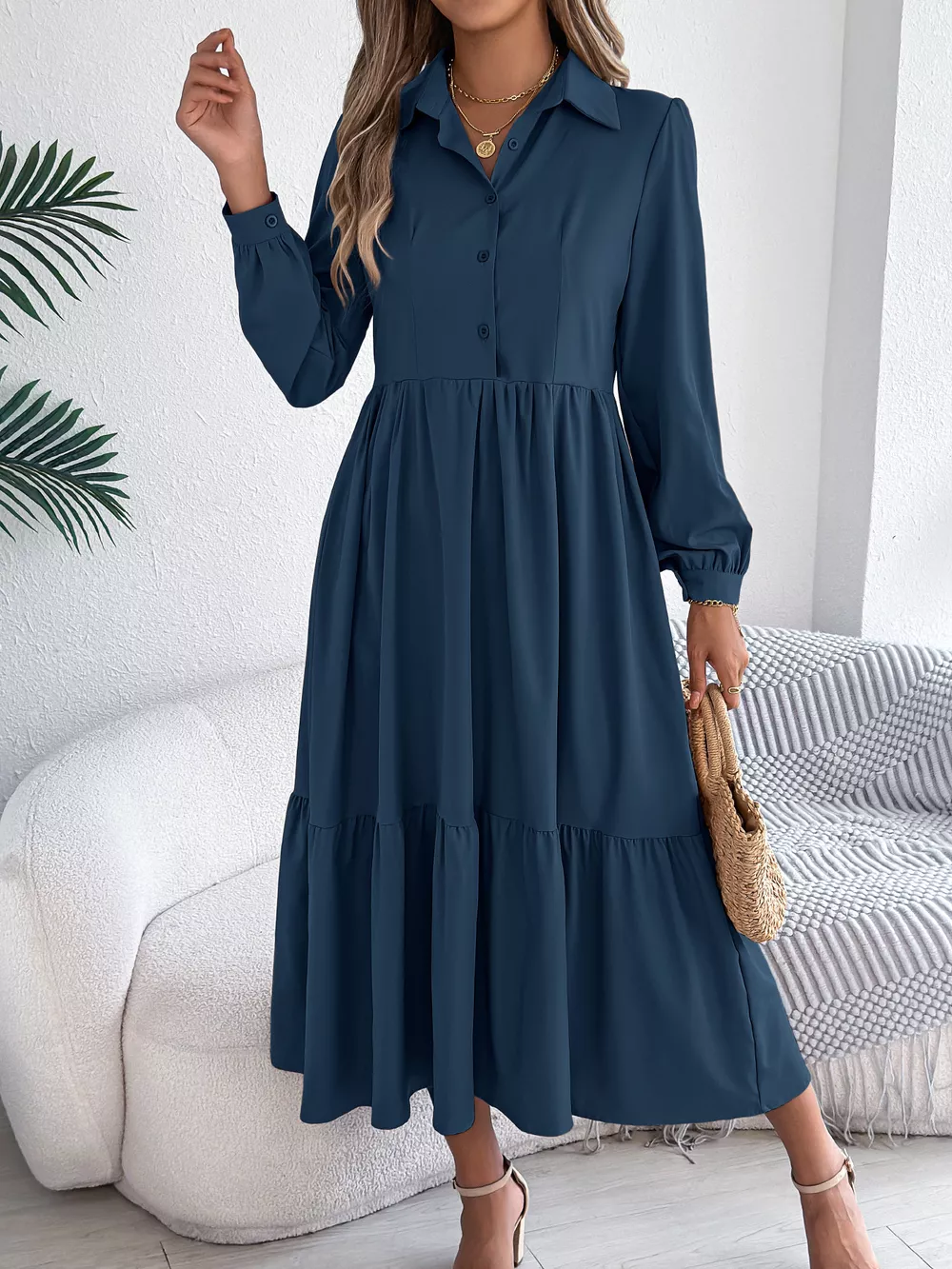 Long Sleeve Tiered Button Front Midi Dress, image 7