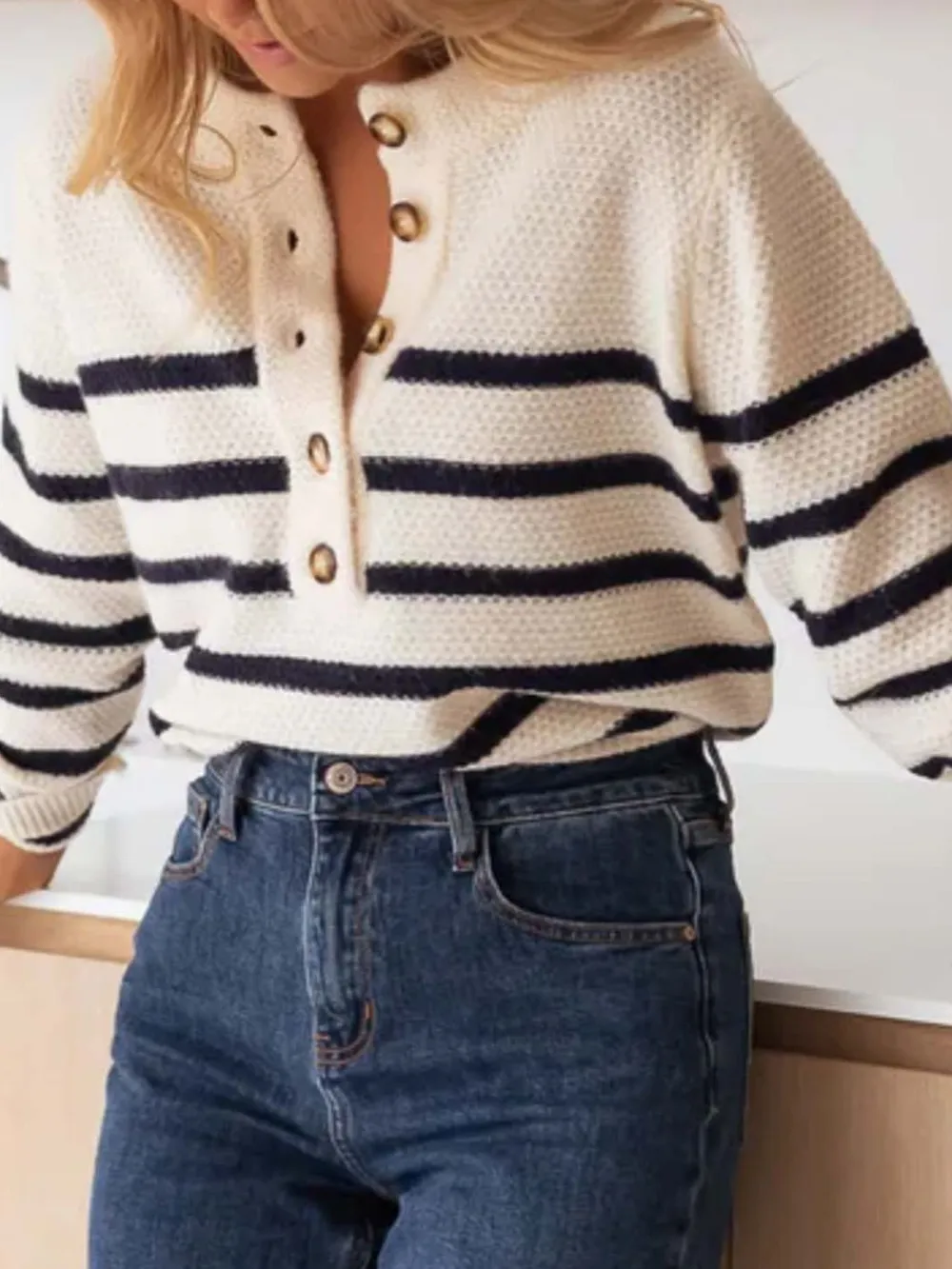 Striped Button-Front Sweater, image 3