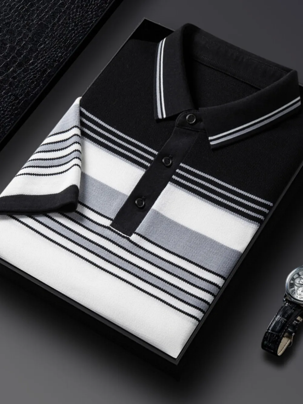 Men's Plus Size Striped Short Sleeve Polo, image 4