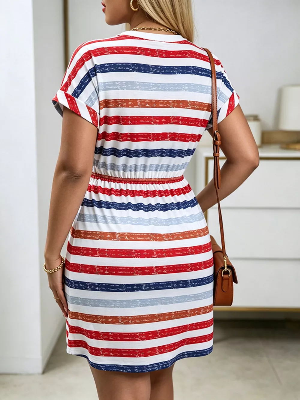 Striped Drawstring Waist Casual Dress, image 3