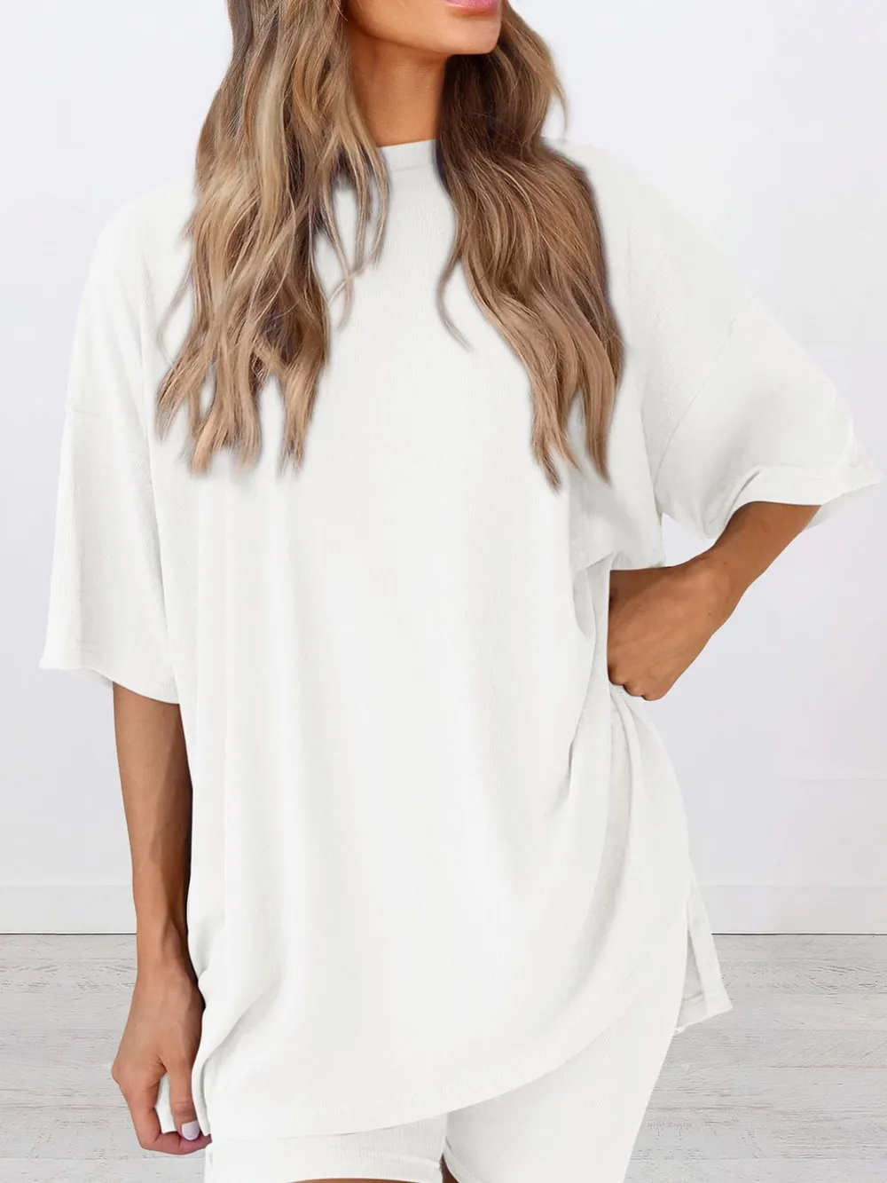 Full Size Oversized Slit Round Neck Top and Shorts Lounge Set Plus Size, image 8