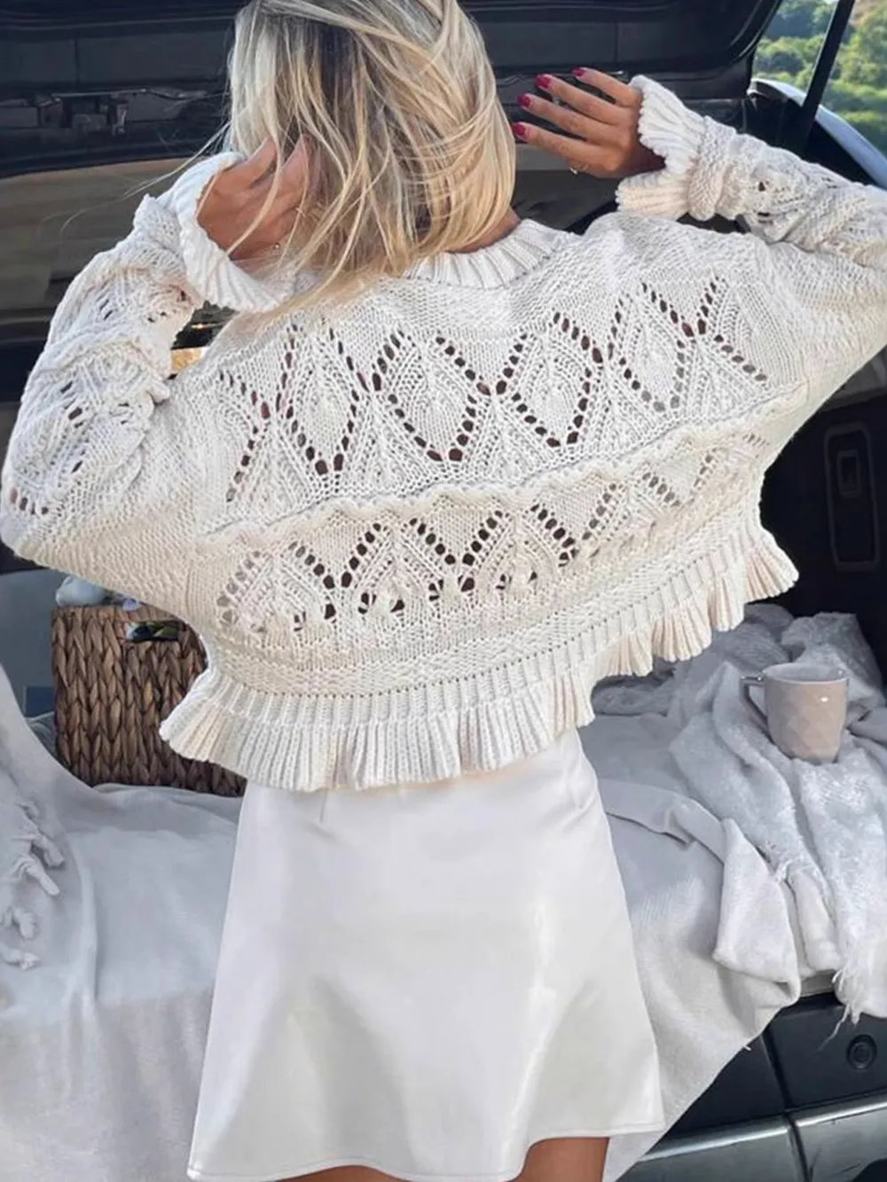Crochet Ruffled Hem Long Sleeve Sweater, image 3