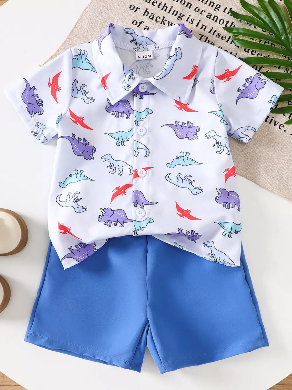 Children's Dinosaur Print Button-Up Shirt & Shorts Set, image 2