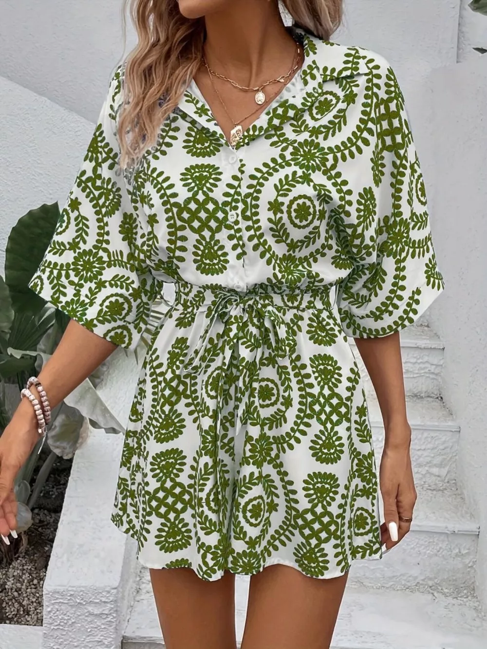 Printed Tie Waist Button Front Romper, image 19